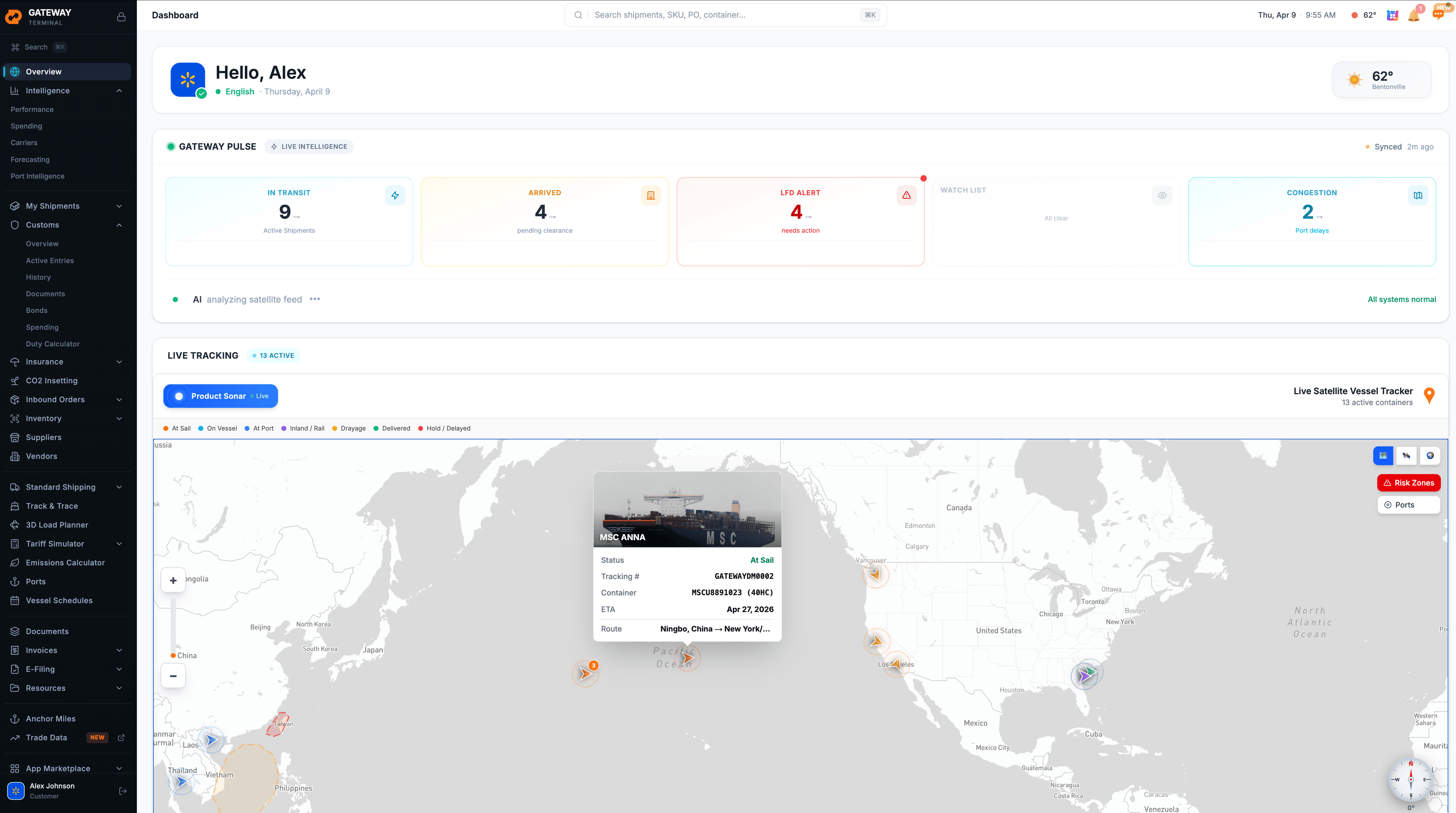 Gateway platform dashboard showing live shipment tracking, status monitoring, and freight intelligence